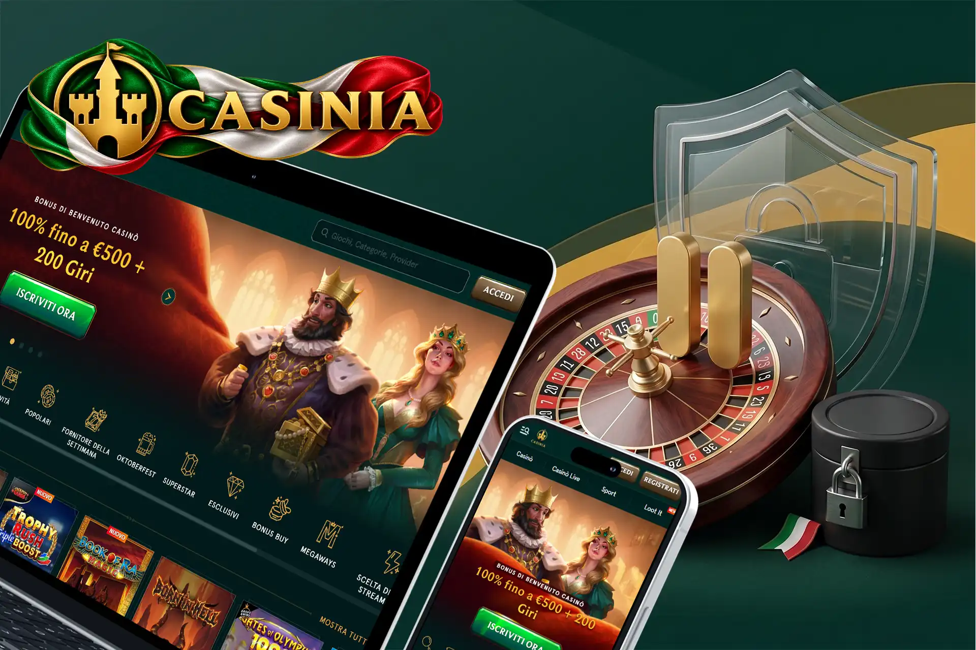 Panoramica della piattaforma di Casinia Casino in Italia, con slot machine, roulette e un lucchetto di sicurezza mostrati su laptop e smartphone