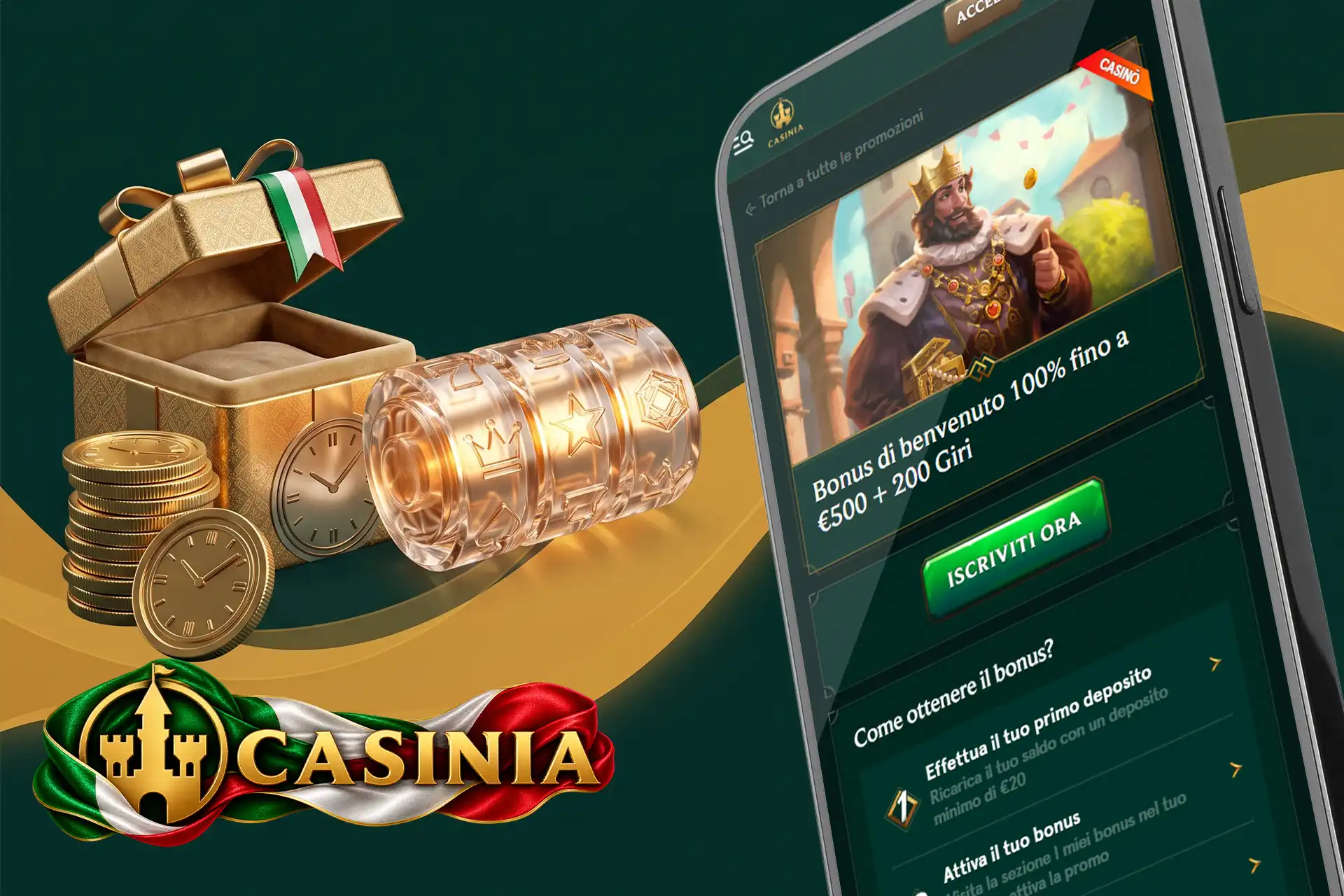 Dettagli del generoso bonus di benvenuto per i nuovi giocatori, illustrati su uno smartphone accanto a un pacco regalo dorato e rulli trasparenti
