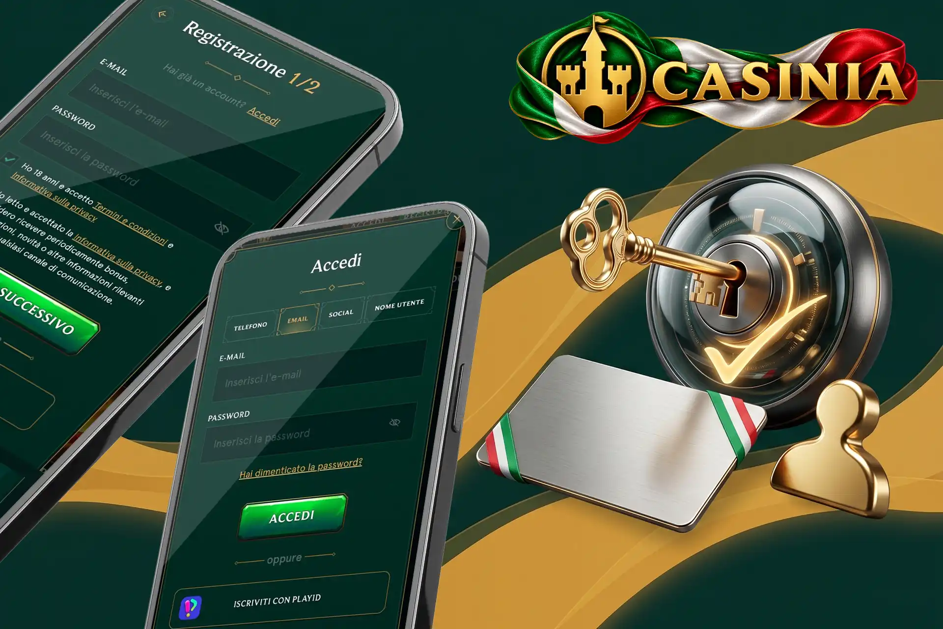 Procedura rapida di registrazione e accesso su Casinia Casino, illustrata da moduli su smartphone, una chiave dorata e un'icona utente protetta